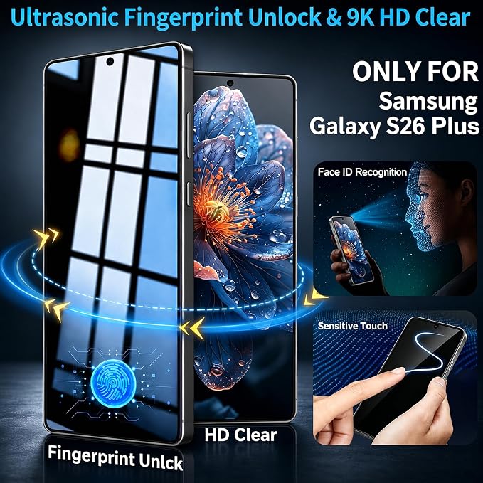 2+2 Pack for Samsung Galaxy S26 Plus / S26+ Privacy Screen Protector | Ultrasonic Fingerprint Unlocking, Easy installation, Anti Spy, 9H Hardness Glass, Camera Lens Protector - Image 3
