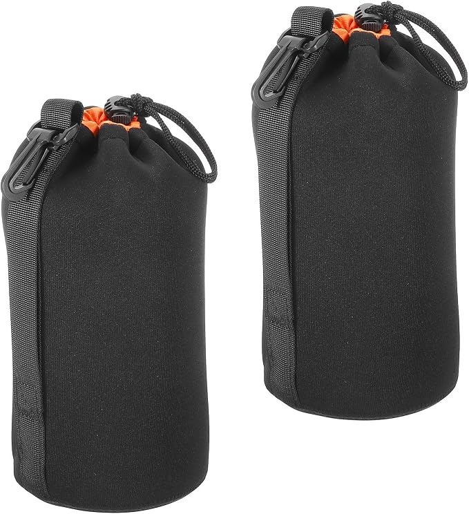 PATIKIL Camera Lens Bag, 2 Pcs 3.7" ID x 9.8" H Drawstring Lens Pouch with Thick Protective Neoprene, Lens Case for DSLR Camera Lens, Water Coffee Cups Black, Orange by PATIKIL