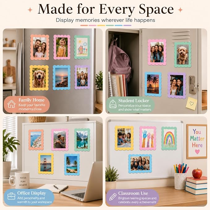 12 Pack 4x6'' Pastel Scalloped Magnetic Picture Frames | Wavy Edge Magnet Photo Borders for Refrigerator Locker Classroom Office Decor - Open Face Aesthetic Home Accessories - Image 5