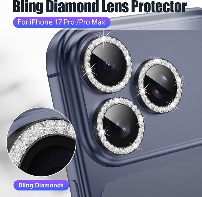 AGVEE 3+3 6 Pack for iPhone 17 Pro & Max Camera Lens Protector Cover | Individual Bling Diamond & Bling Glitter Sparkle Cute Gem Metal Ring, 9H Tempered HD Glass - Image 4