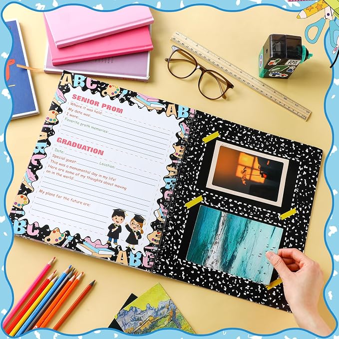 Motipuns School Memory Book Photo Album for Kids, Composition Notebook | School Years Keepsake Book Album Scrapbook from Preschool Through 12th Grade with 14 Pocket for Storage Portfolio Pictures - Image 4