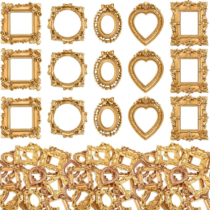 Vicenpal 150 Pcs Gold Mini Vintage Picture Frames Bulk | Small Vintage Photo Frames, Antique, Resin, Baroque, Ornate, Cute Wallet Size, for DIY Jewelry Gifts Christmas Wedding Decor by Vicenpal
