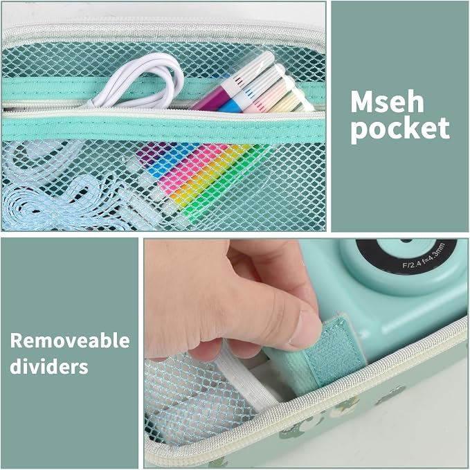 Kids Film Camera Case, Travel Storage Bag for Girls Boys | for ESOXOFFORE for Dylanto for Anchioo for WEEFUN for GKTZ for Amzelas for Mafiti, Mesh Pocket, Wrist Strap, Green Dinosaur - Image 3
