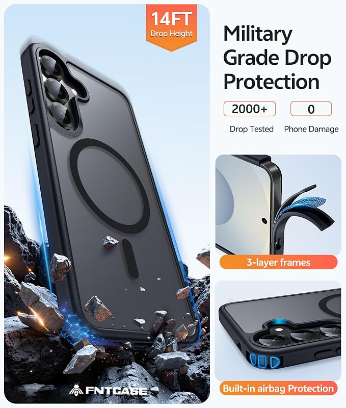 FNTCASE for Samsung Galaxy S25/S24 Plus Case, Fit Magsafe, Screen Protector | Translucent Matte Magnetic Back, 14FT Military Grade Drop Protection, Shockproof Protective Phone Cover, Black - Image 5