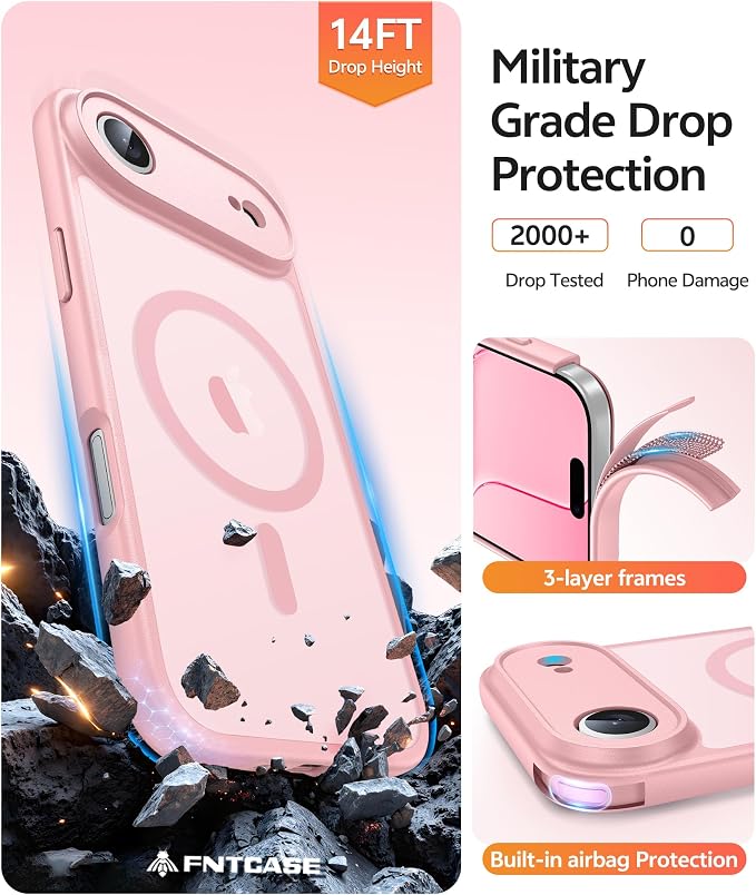 FNTCASE for iPhone Air Case, Fit for Magsafe, with Glass Screen Protector | Full Camera Protection, Translucent Matte, 14FT Military Grade Drop Proof, Shockproof Protective Phone Cover, Light Pink - Image 5