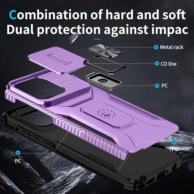 for Moto G Stylus 2025 Case,with Sliding Camera Lens Cover,HD Screen Protector,360° Rotating Kickstand, Military-Grade Shockproof Protective Cover for Motorola G Stylus 5G 2025,Purple - Image 4