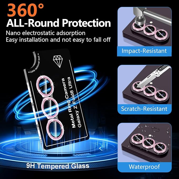 for Samsung Galaxy Z Fold 8 Ultra Camera Lens Protector, Individual Metal Ring Tempered Glass Lens Cover, [Strong Adsorption] Scratch Resistant Ultra-Thin HD Clear Lens Cover, 1 Set-Pink Sparkly - Image 2