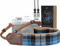 Padwa Lifestyle Camera Strap - 2" Full Grain Leather Ends Camera Straps for Photographers, Unique Vintage Cashmere and Soft Suede Fabric Padded Strap Quick Release fits All Cameras(Blue Check) by PadwaLifestyleCameraStrap