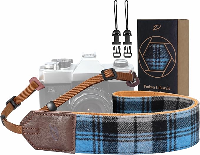 Padwa Lifestyle Camera Strap - 2" Full Grain Leather Ends Camera Straps for Photographers, Unique Vintage Cashmere and Soft Suede Fabric Padded Strap Quick Release fits All Cameras(Blue Check) by PadwaLifestyleCameraStrap
