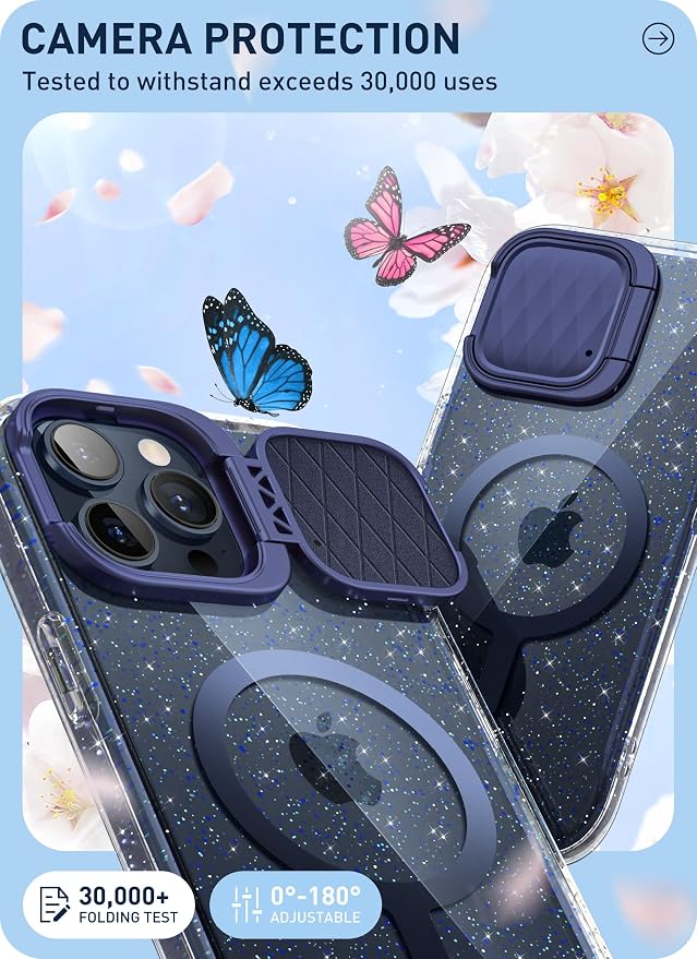 i-Blason for iPhone 15 Pro Case MagSafe, w/‌ Screen Protector, BlueGlitter | Built-in Screen Protector, Camera Cover Stand, Slim, Stylish - Image 3