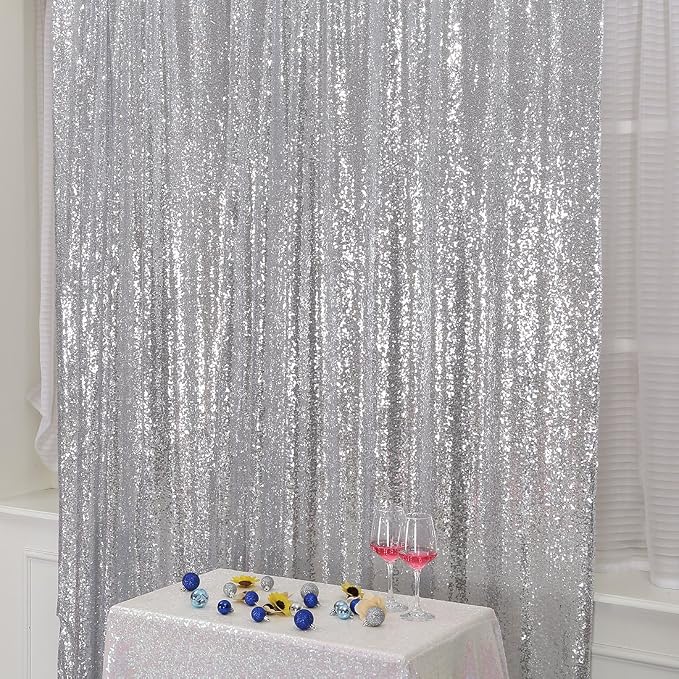 Poise3EHome Silver Sequin Backdrop,7FT x 7FT Sequin Photography Backdrop Curtain for Party Decoration, Silver - Image 2