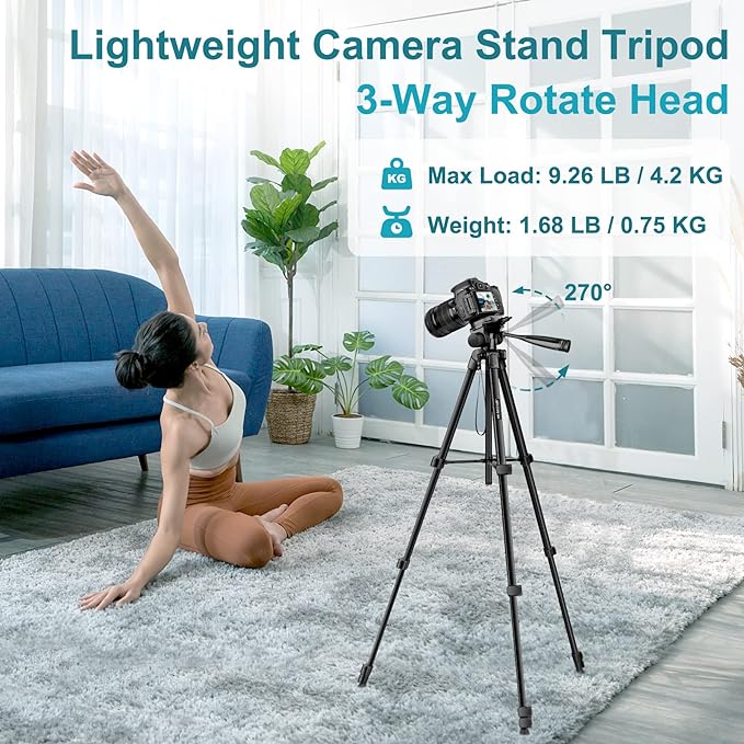 JOILCAN Phone Tripod, 68" Tripod for Phone Stand Video Recording Photos | Travel Floor Tripod Compatible with iPhone Canon Nikon DSLR, Cell Phone Tripods with Remote / Travel Bag - Image 5