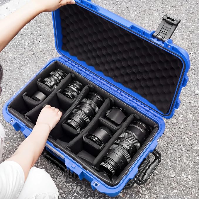 Relaxweex Rolling Camera Hard Case with Padded Dividers & Wheels, Impact-resistant Hard Shell Travel Case for Cameras, Lenses & Accessories(22 x 14 x 9 Inch,Blue) - Image 7