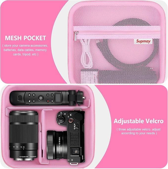 Carrying Case for Sony Alpha ZV-E10/ ZV-E10 II/ZV-E1/ a6400/ a6700/ a6100/ a6000/ a6500/ a6600 Digital Camera, Vlog Camera Kit Storage Holder Fits Tripod, Lens, LED Video Light, Battery, Pink - Image 5