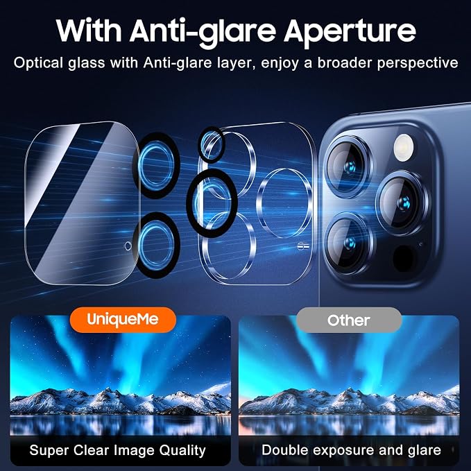 UniqueMe for 3 Pack iPhone 15 Pro/iPhone 15 Pro Max Camera Lens Protector | Drop Protection, Case Friendly, 9H Tempered Glass, Camera Cover Screen, New Version - Image 4