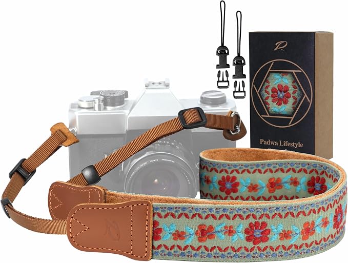 Padwa Lifestyle Embroidered Floral Camera Strap - 1.5" Crazy Horse Cowhide Ends Camera Straps for Photographers, Cute Cotton Weave Soft Suede Fabric Padded Strap fits All Cameras for Adults & Kids by PadwaLifestyleCameraStrap
