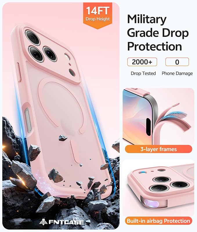FNTCASE for iPhone 17 Pro Max Case, Fit for Magsafe, Screen Protector | Full Camera Protection, Translucent Matte, 14FT Military Grade Drop Proof, Shockproof Protective Phone Cover, Light Pink - Image 6