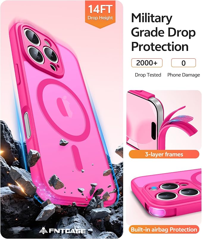 FNTCASE for iPhone 16 Pro Max Case, Fit for Magsafe, Glass Screen Protector | Full Camera Protection, Translucent Matte, 14FT Military Grade Drop Proof, Shockproof Protective Phone Cover, Hot Pink - Image 5