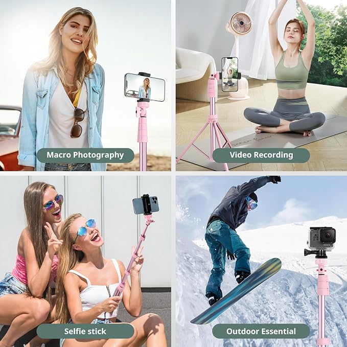SENSYNE 72" Phone Tripod & Selfie Stick, Extendable Cell Phone Tripod Stand with Wireless Remote and Phone Holder, Compatible with iPhone Android Phone, Camera, Pink - Image 2