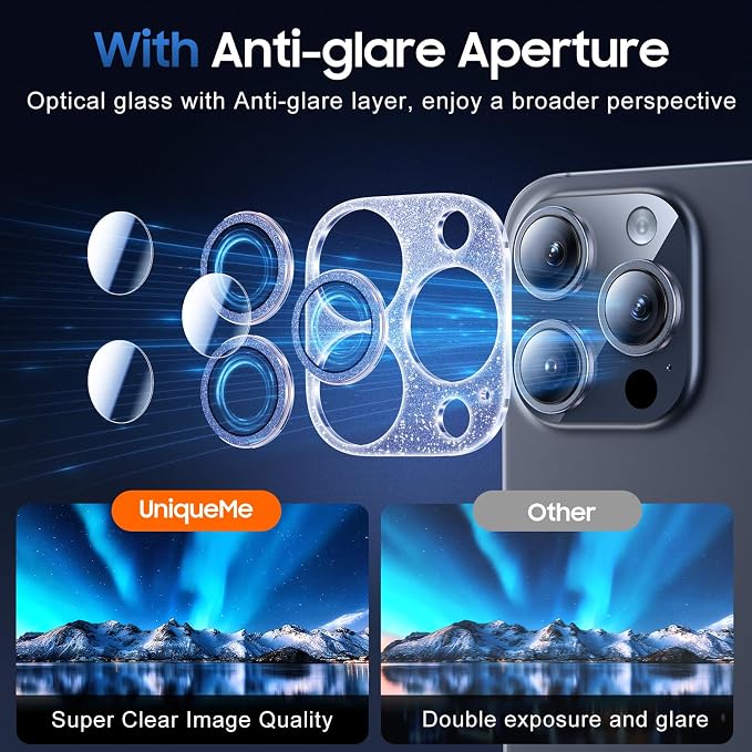 UniqueMe for iPhone 15 Pro/15 Pro Max Camera Lens Protector-Bling Blue | 3 Pack-Drop Protection, Case Friendly, Camera Cover Screen, Update New Version - Image 4