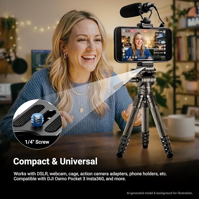 NEEWER Carbon Fiber Desktop Mini Tripod for Camera, Tabletop Portable Travel Tripod with Video Fluid Head, QR Plate for TikTok DSLR Action Camera Video Recording Streaming, Max Load 6.6lb/3kg, TP10 - Image 6