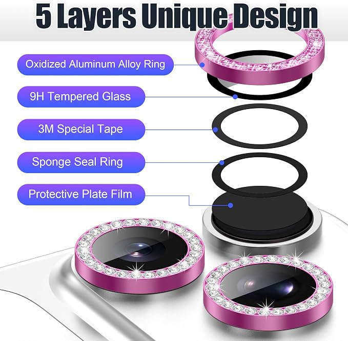 AGVEE 3+3 6 Pack for iPhone 17 Pro & Max Camera Lens Protector Cover | Individual Bling Diamond & Bling Glitter Sparkle Cute Gem Metal Ring, 9H Tempered HD Glass - Image 7