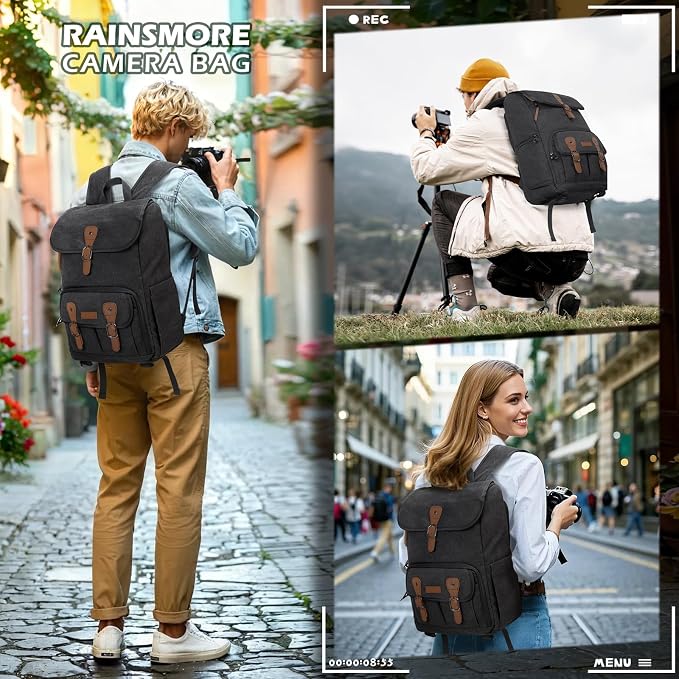 RAINSMORE Camera Backpack, DSLR SLR Mirrorless Camera Bag for Photographer | 15.6 Inch Vintage Canvas Camera Case with Laptop Compartment & Tripod Holder & Rain Cover for Sony Canon Nikon Fujifilm Black - Image 7