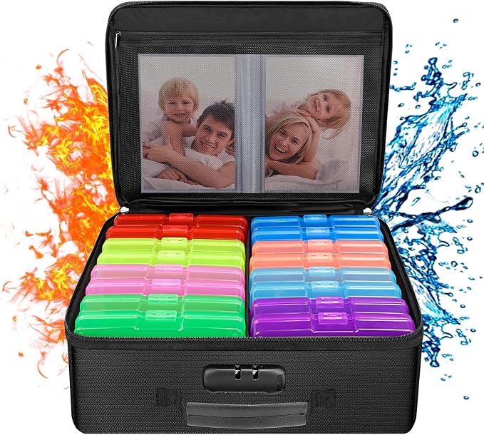 ENGPOW Fireproof Photo Storage Box with 16 Inner 4" x 6" Photo Cases(Multi-Colored), Photo Organizer with Lock, Collapsible Portable Photo Safe Containers with Handle for Photos, Picture, Craft by ENGPOW