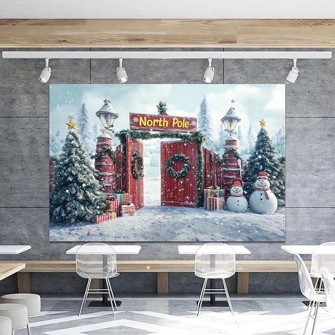Christmas North Pole Barn Door Photography Backdrop 10x8ft Vinyl | Winter Snow Forest Snowman Xmas Scene Background, Holiday Party Decorations, Winter Wonderland Banner, New Year Photo Props - Image 5