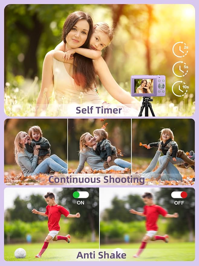 Digital Camera 1080P with 32G Card 16X Zoom 3" Screen Easy for Kid, Purple | Compact camera with anti-shake, Includes 2 batteries & charger. Perfect for parties, trips, birthdays gift from parents - Image 4