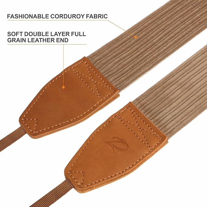 Padwa Lifestyle Camel Corduroy Camera Strap - 2" Double Layer Full Grain Cowhide Leather Head Camera Straps for Photographers, Unique Soft Corduroy Fabric with Quick Release fits all Cameras - Image 2