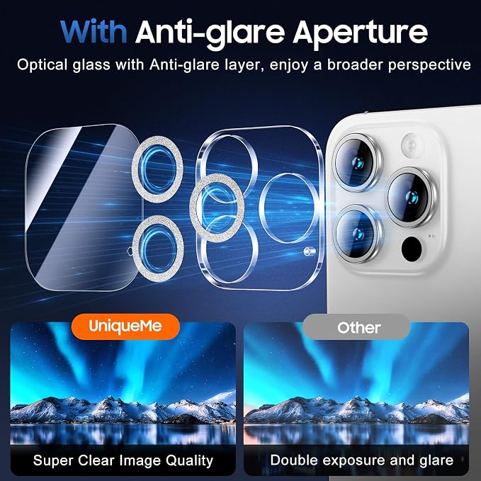 UniqueMe for iPhone 16 Pro/16 Pro Max Camera Lens Protector-Glitter Silver | 3 Pack-Drop Protection, Case Friendly, 9H Tempered Glass, Camera Cover Screen, Update New Version - Image 4