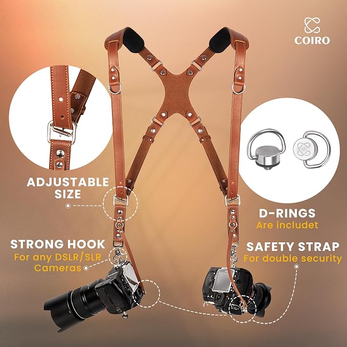 Dual Camera Harness Leather Camera Strap DSLR/SLR, All-Day Comfort - Image 2