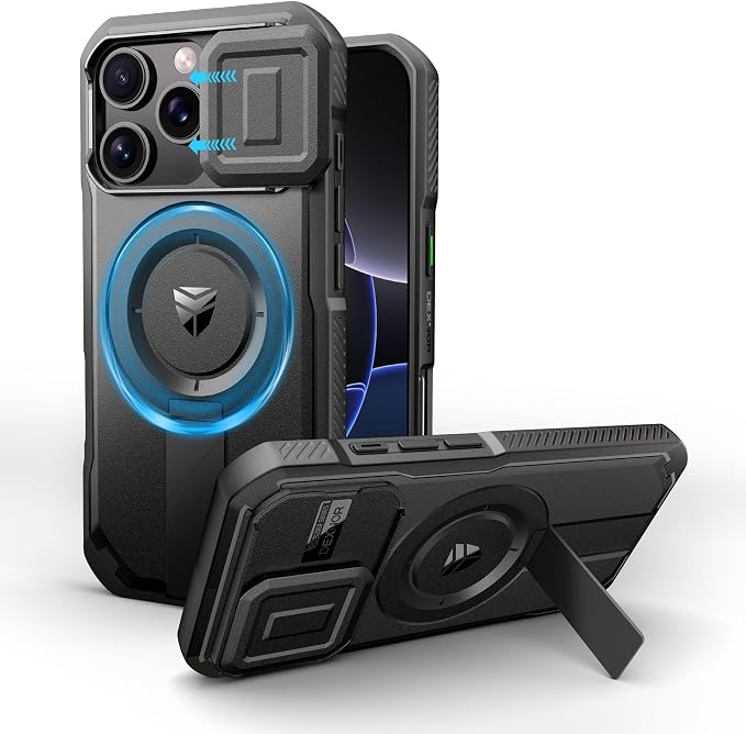 Dexnor for iPhone 16 Pro Case with Slide Camera Cover & Adjustable Kickstand, Magnetic Rugged Shockproof Bumper Cases Heavy-Duty Mangetic Protective Cover,Black by Dexnor