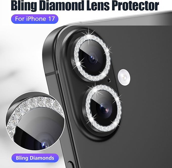 AGVEE 3+3 6 Pack for iPhone 17 Camera Lens Protector Cover | Individual Bling Diamond & Bling Glitter Sparkle Cute Gem Metal Ring, 9H Tempered HD Glass - Image 4