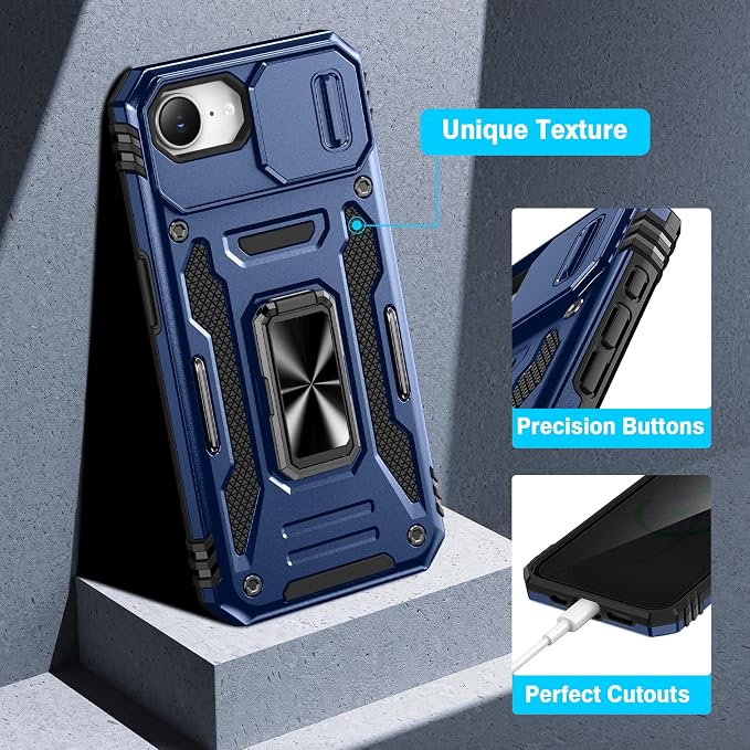 VEGO for iPhone 17e/ iPhone 16e Case with Privacy Screen Protector Blue | Slide Camera Cover & Ring Kickstand Military Grade Heavy Duty Protection Cover for iPhone 17e 5G 6.1 Inch - Blue - Image 7