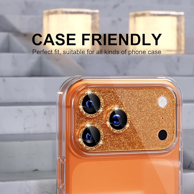 Choiche for iPhone 17 Pro Camera Lens Protector, Glitter-Orange | Bling Metal Camera Cover with 9H Tempered Glass Lens Screen Protector Accessories, Strong Adsorption, Case-Friendly, 6.3-inch - Image 4