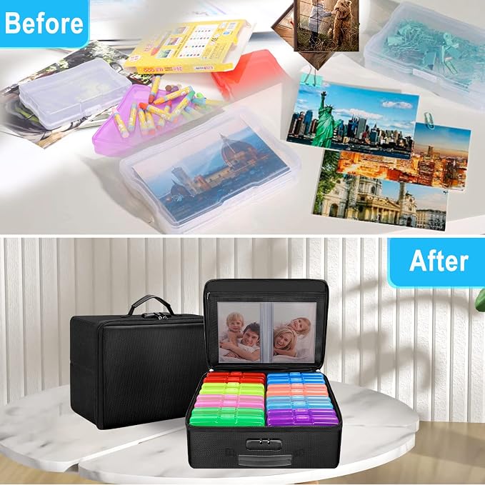 ENGPOW Fireproof Photo Storage Box with 16 Inner 4" x 6" Photo Cases(Multi-Colored), Photo Organizer with Lock, Collapsible Portable Photo Safe Containers with Handle for Photos, Picture, Craft - Image 5