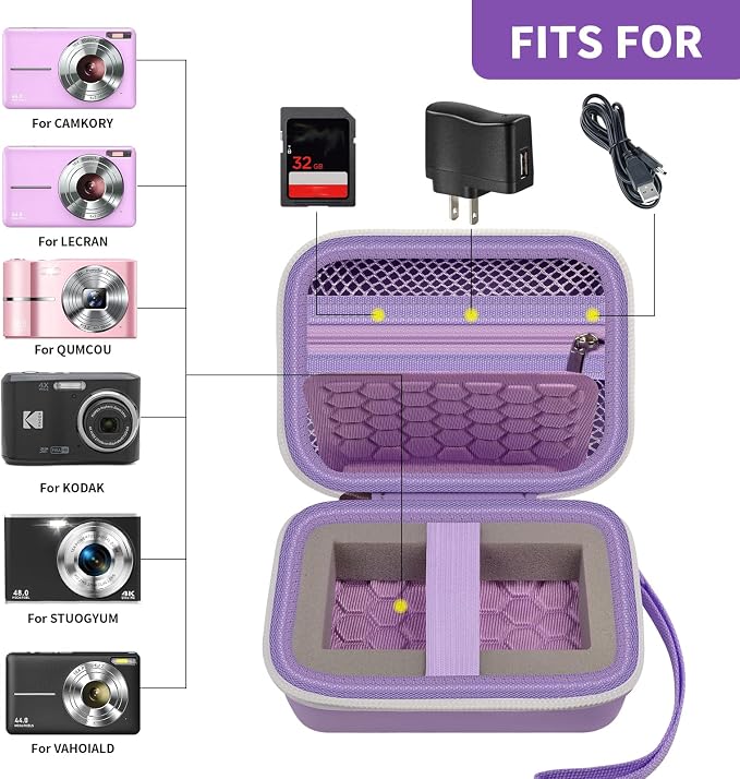 Comecase Digital Camera Case for Kodak PIXPRO FZ45 FZ55 for Travel, Purple | Fits Cameras up to 4.33 x 3.07 x 2.3 in, Pre-Cut Foam, Elastic Strap&Hand Strap, Mesh Pocket for Accessories, Case Only - Image 2