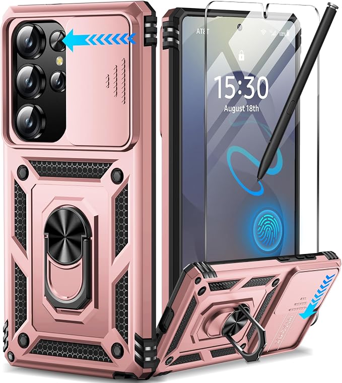 Taisairu for Samsung Galaxy S25 Ultra Case with Screen Protector & Slide Camera Lens Cover, Built-in Magnetic Ring Stand Shockproof Protective Phone Case for Samsung S25 Ultra Case (Rose Gold) by Taisairu