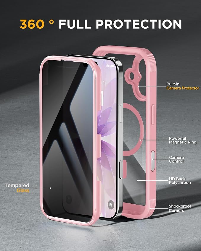 Miracase for iPhone 17 Case with Privacy Screen Protector, Light Pink | Compatible with MagSafe, 360° Full Body Protection, Full Camera Protection, Military-Grade Shockproof Phone Case 6.3" - Image 3