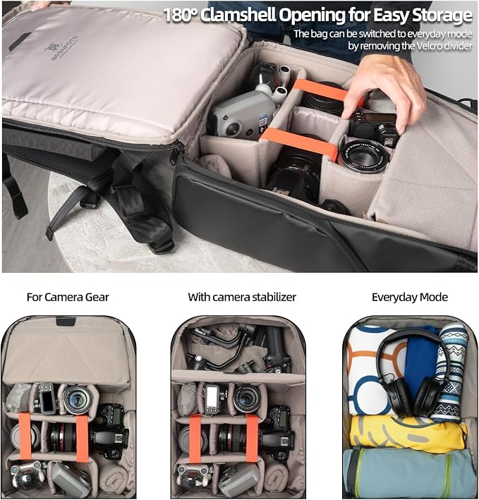 Camera Backpack, Waterproof Travel Camera Bag for Photographer Expandable Roll Top Photography Case for DSLR SLR Mirrorless Camera Fit up to 15.6 inch Laptop with Rain Cover - Image 2