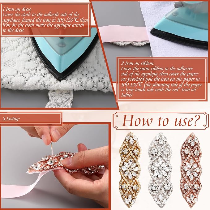 Jutom 4 Pcs Rhinestone Appliques Iron on Patches Wedding Dress Sash,Silver | Hot Fix Crystal Patches, Bridal Belt, Hair Accessories, Shoes, Easy Heat Application, Elegant Floral Design for Sewing - Image 7