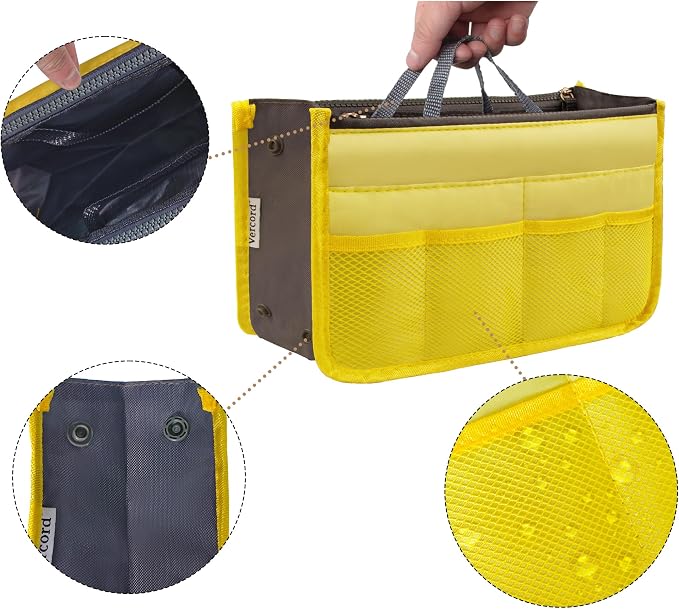 Vercord Purse Organizer Insert for Handbags Bag Organizers Inside Tote Pocketbook Women Nurse Nylon 13 Pockets Yellow Medium - Image 6