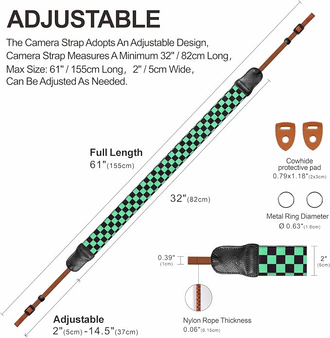 Padwa Lifestyle Green Black Plaid Camera Strap - 2" Wide Double Layer Cowhide Head,Cotton Camera Straps for Photographers,Grid Pattern Adjustable Camera Shoulder Neck Strap for All DSLR Cameras - Image 5
