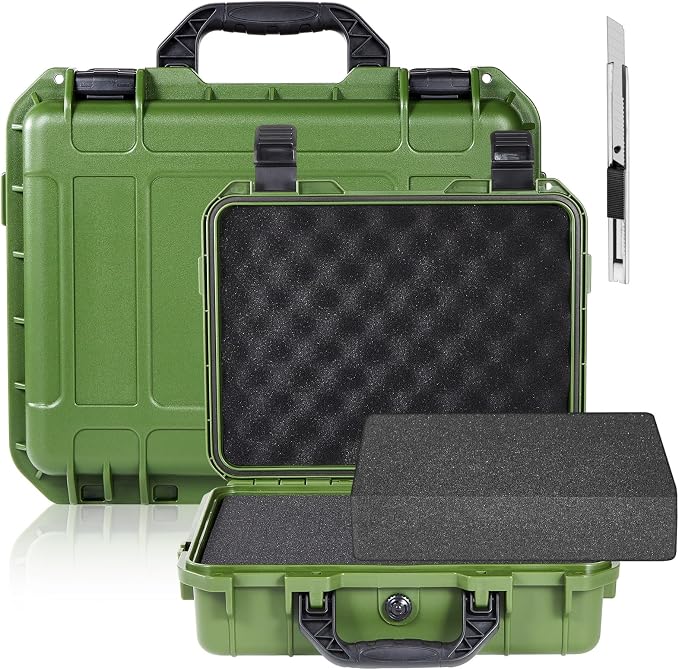 Relaxweex 1 Pcs Waterproof Hard Case with DIY Customizable Foam Insert Portable Protective Case with Knife for Camera Drones Equipments Tools Test Instruments(Green,14.3 x 11.4 x 4.5 Inch) by Relaxweex