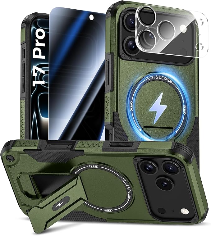 Goton 3 in 1 for iPhone 17 Pro Case with Privacy Screen Protector Green | Glass Camera Lens Protector,Compatible for MagSafe,Invisible Kickstand, Shockproof Phone Cover for iPhone 17Pro by Goton