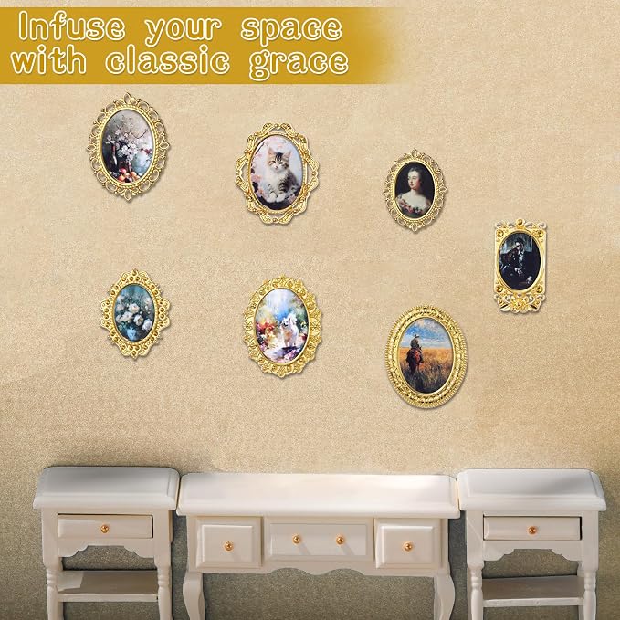 Halloscume 7 Pcs Miniature Picture Frames Mini Vintage Photo Frames Miniature Dollhouse Accessories on 1:12 Scale for Dollhouse DIY Craft Projects Art Jewelry Display Home Decor(Gold) - Image 6