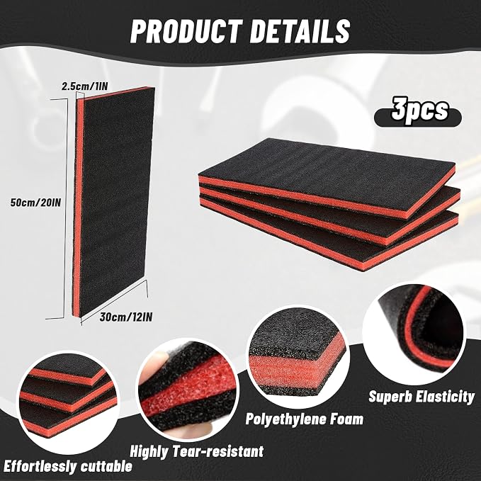 3 Pcs Tool Box Foam Sheet - 20'' x 12'' x 1'' Liner Polyethylene Storage Sheets Foam Padding Inserts for Packing Toolbox Hard Case Drawer Camera Shadow Organizer - Image 2