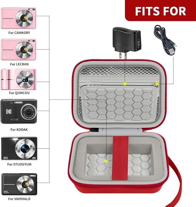 Comecase Digital Camera Case for Kodak PIXPRO FZ45 FZ55 for Travel, Red | Fits Cameras up to 4.33 x 3.07 x 2.3 in, Pre-Cut Foam, Elastic Strap&Hand Strap, Mesh Pocket for Accessories, Case Only - Image 2